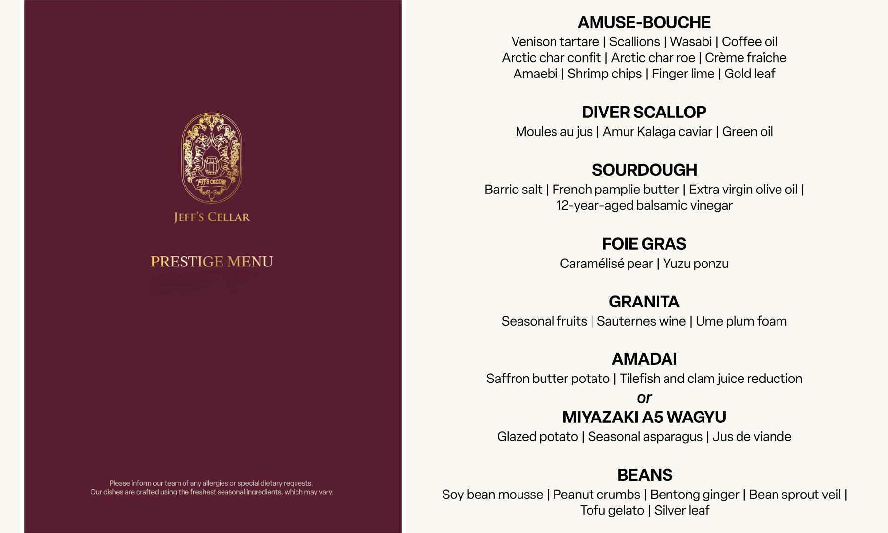 メニュー内容：PRESTIGE MENU　